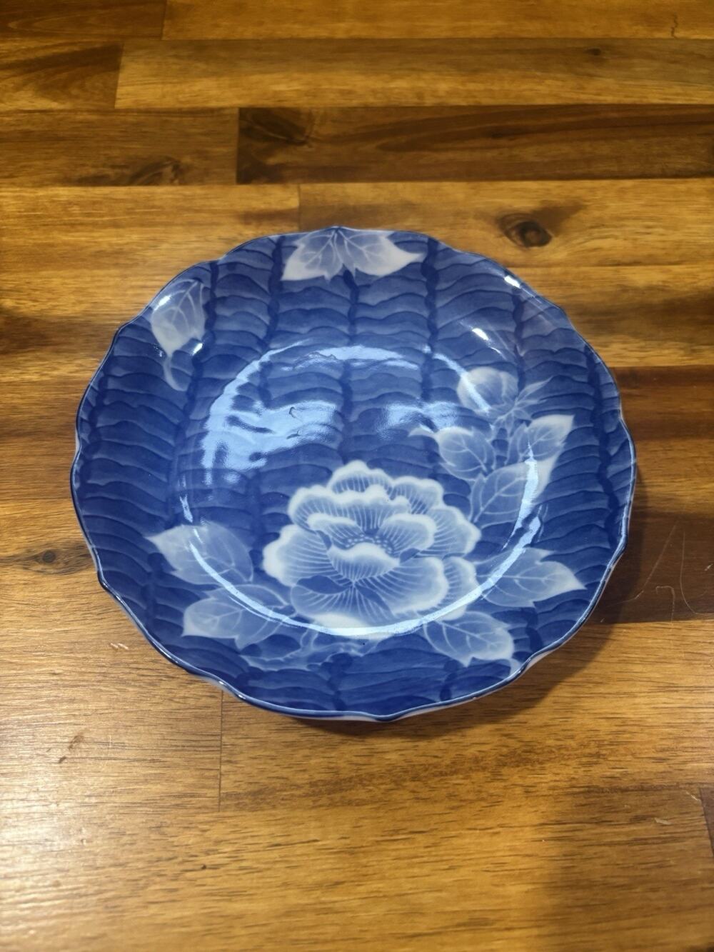 Vintage Japanese Cobalt Blue Peony Porcelain Plate Scalloped Ribbed 6.5"